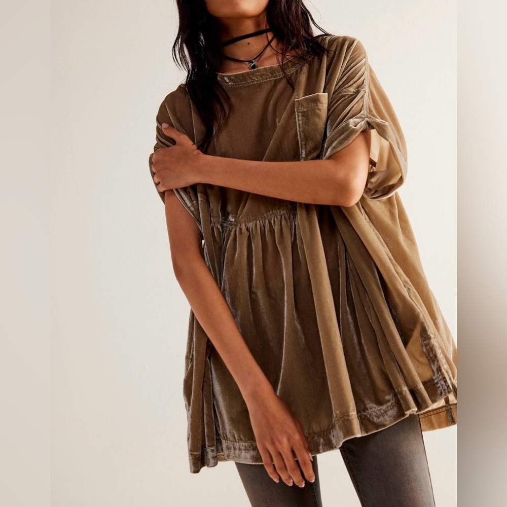 Free People Velvety Tunic Top, Women’s Oversized XL (Tan/Gray/Beige)